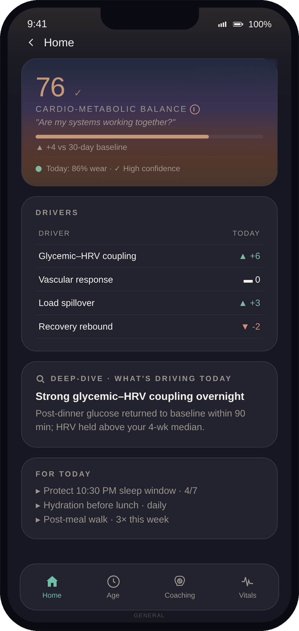 LifeLeaf app See it working detail: Cardio-Metabolic Balance up four points over seven days, with the drivers that moved it.