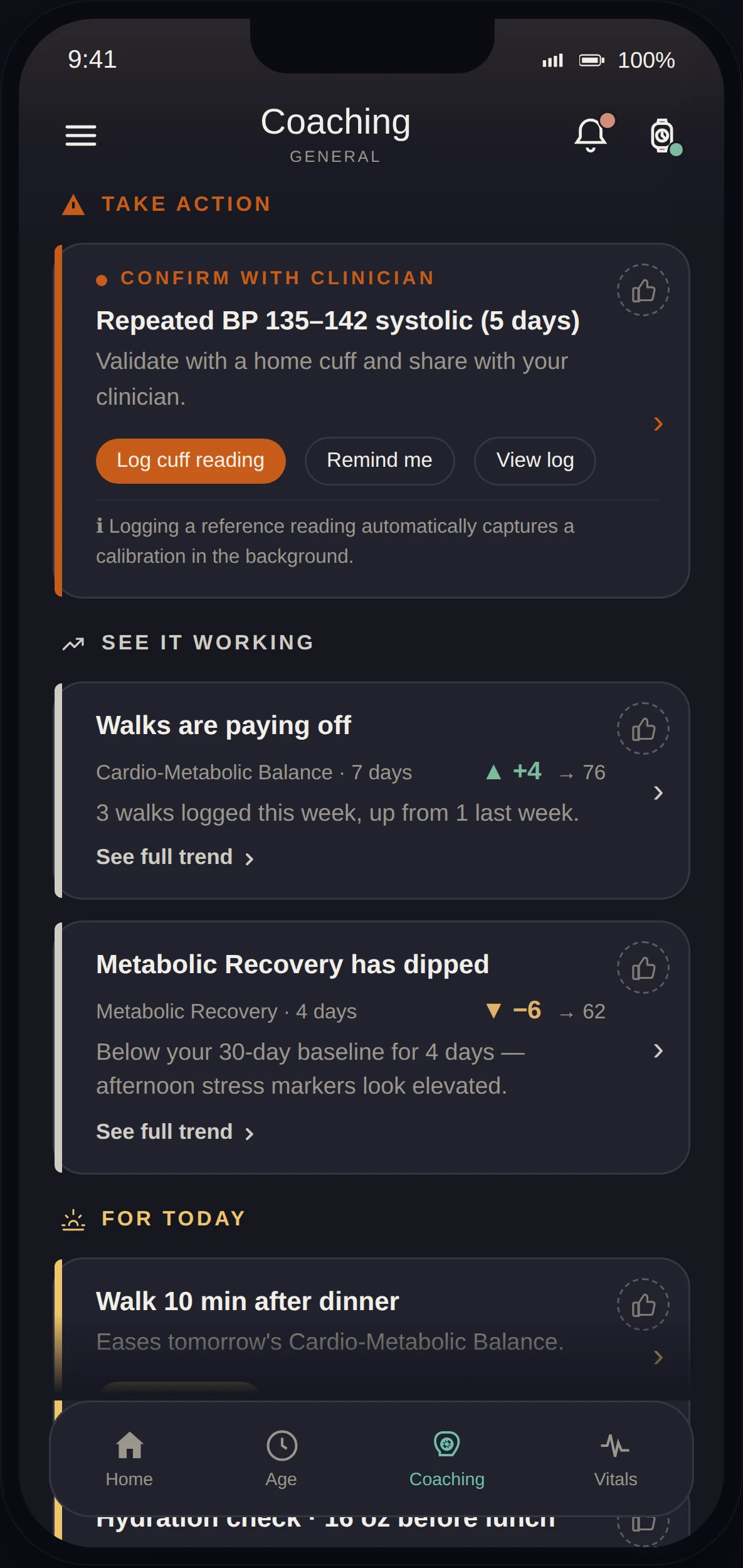 LifeLeaf app Coaching tab: Take Action, See it working and For Today.