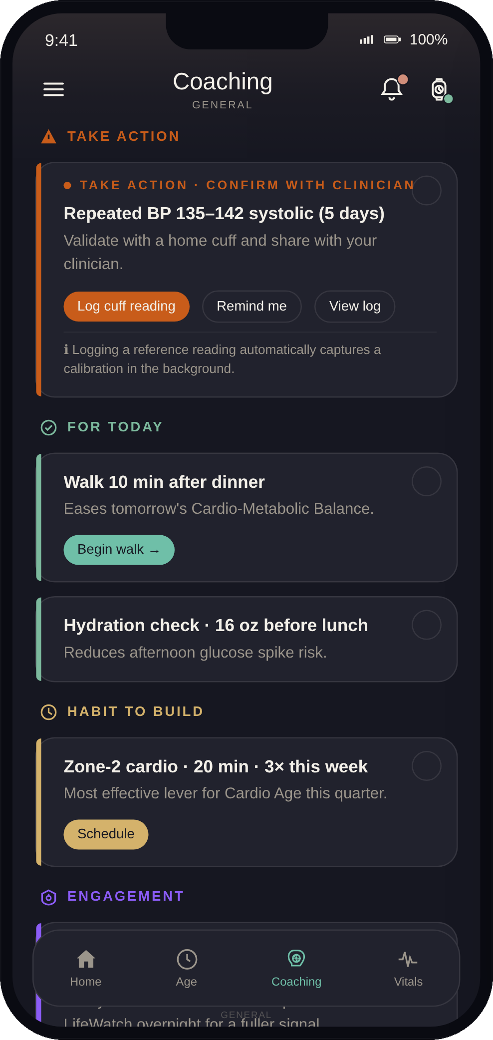 LifeLeaf app Coaching tab: Take Action, See it working and For Today.