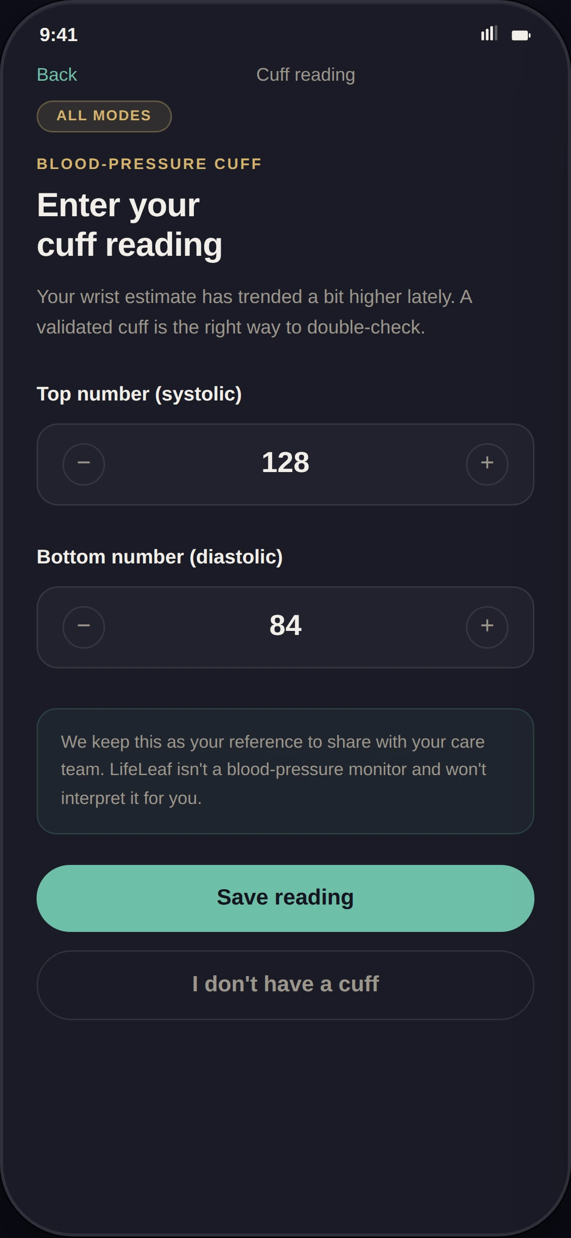 LifeLeaf app Home cuff entry: enter a validated systolic and diastolic reading to save as a reference.