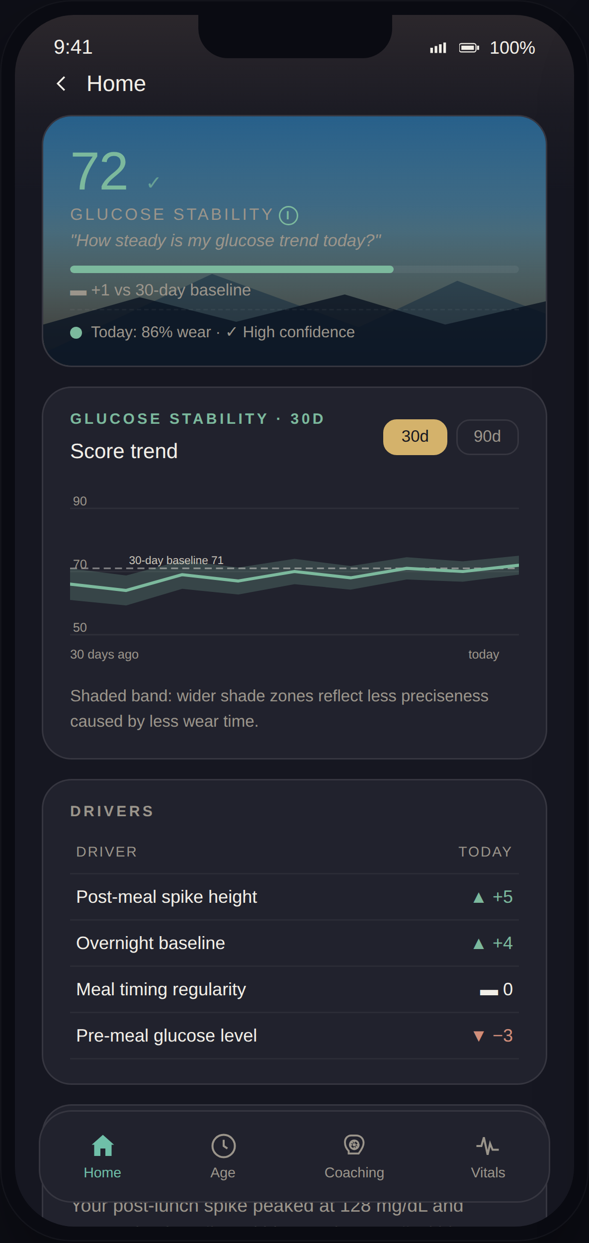 LifeLeaf app Glucose Stability score screen showing a score of 72, drivers including post-meal spike height and overnight baseline, and the question 'How steady is my glucose trend today?'