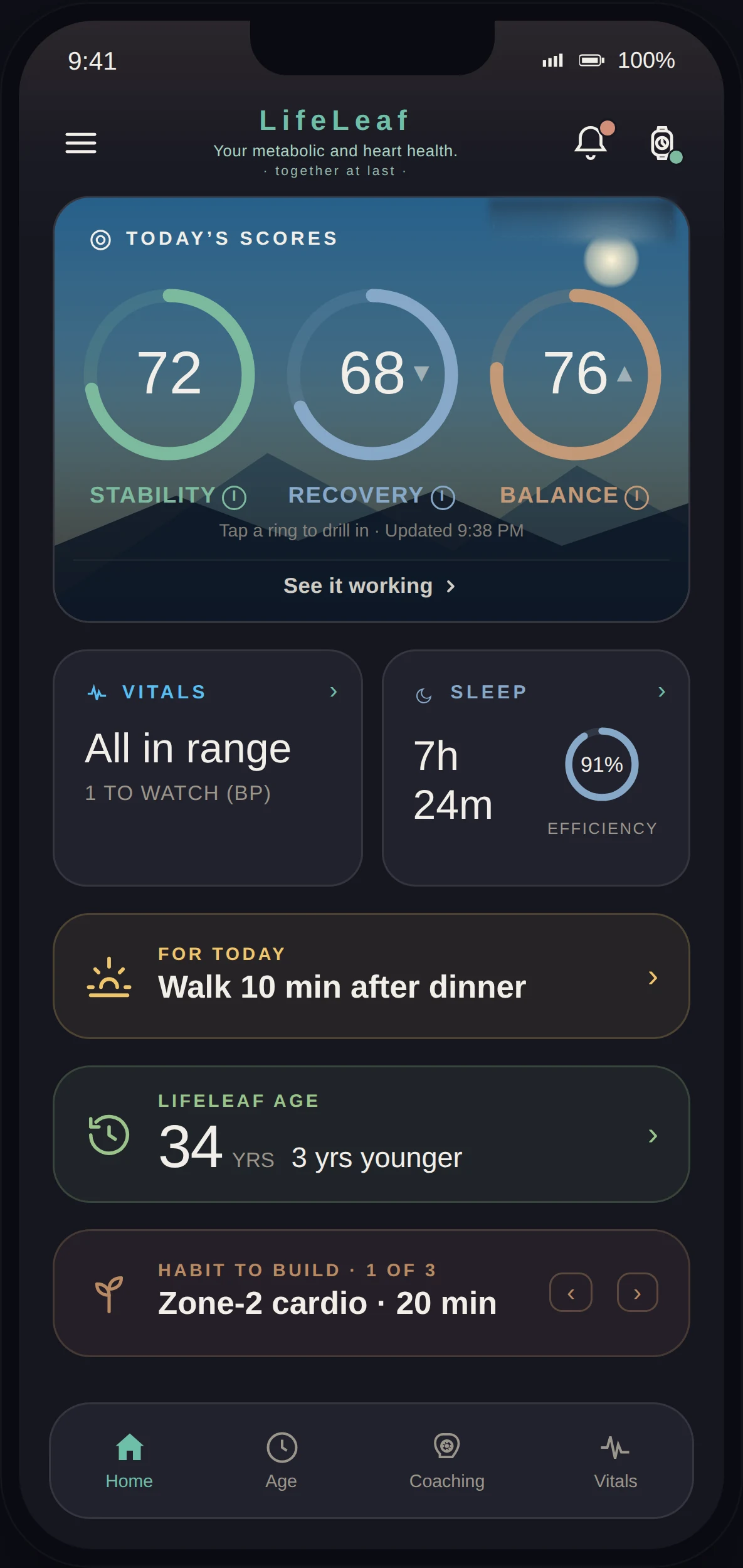 LifeLeaf app Home screen: today's Stability, Recovery and Balance scores, Vitals and Sleep summaries, For Today coaching, and LifeLeaf Age.