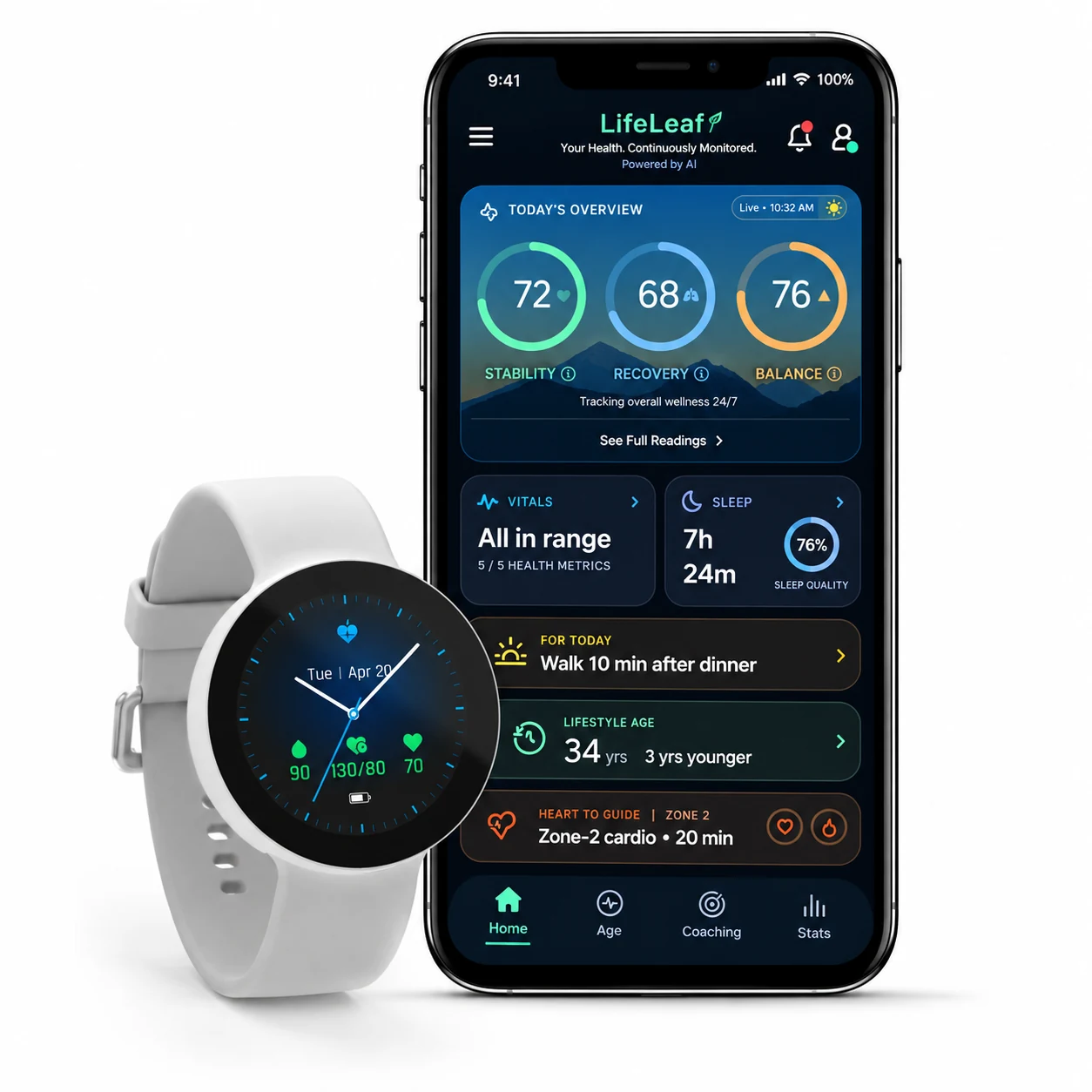 LifeLeaf app Home screen: today’s Stability, Recovery and Balance scores, with the watch.