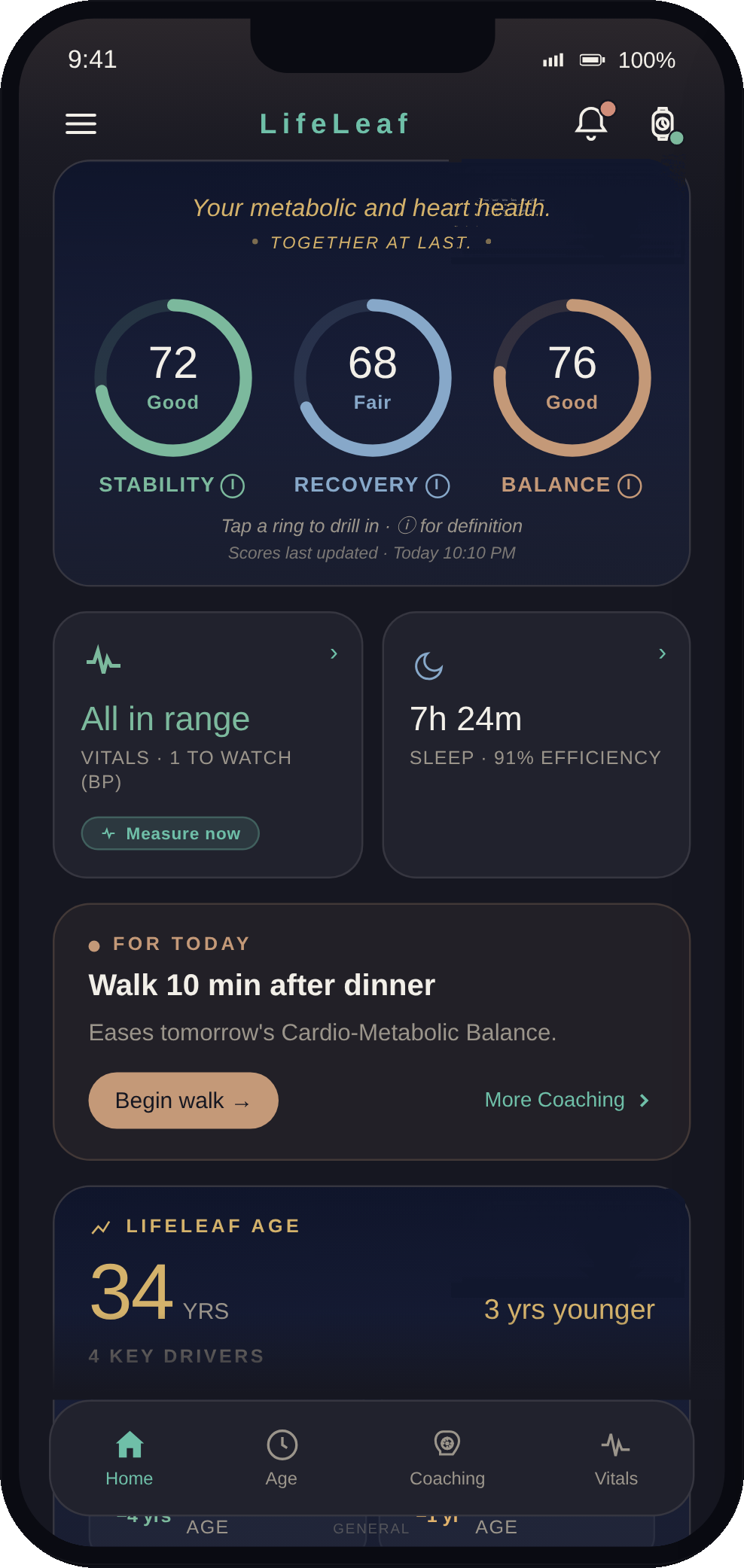 LifeLeaf app Home screen: today's Stability, Recovery and Balance scores over the daytime scene.