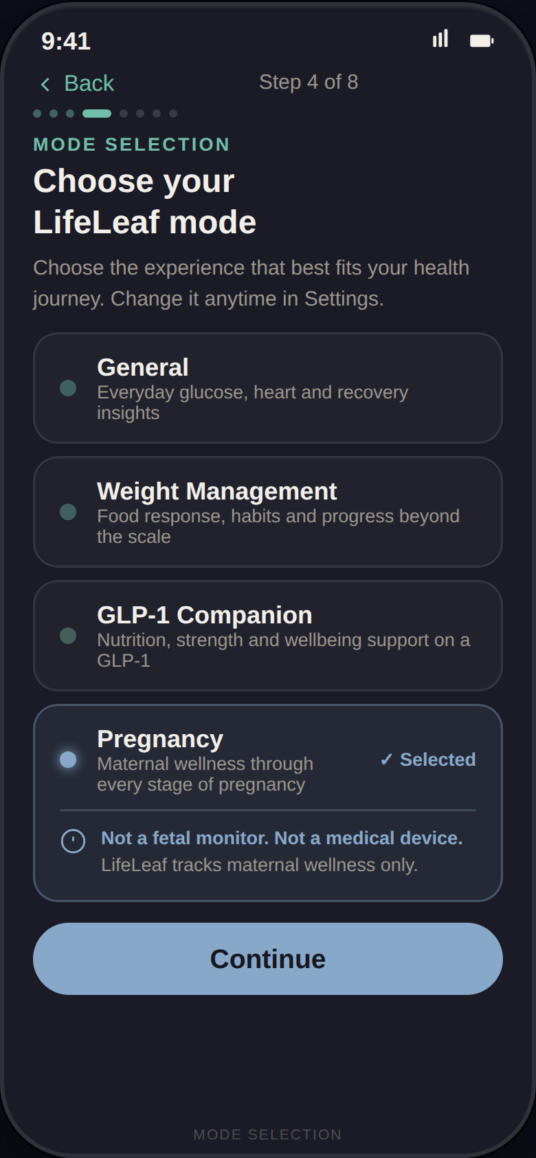 LifeLeaf app mode selection with Pregnancy selected and its maternal-wellness disclaimer visible.