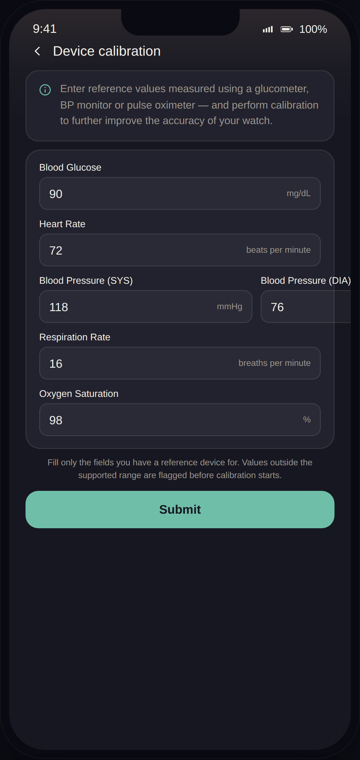 LifeLeaf app device-calibration screen: optional fields for blood glucose, heart rate, blood pressure, respiration rate and oxygen saturation reference readings.