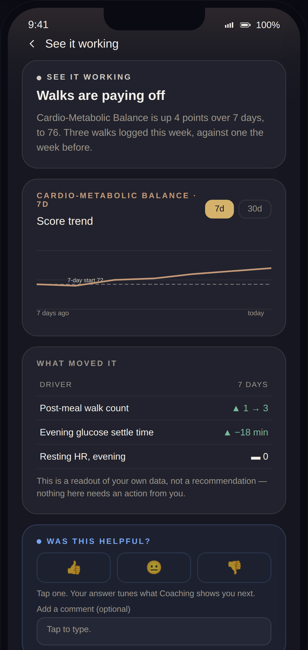 LifeLeaf app See it working screen: Balance score up four points over seven days, with the walk-count and glucose-settle-time drivers that moved it.