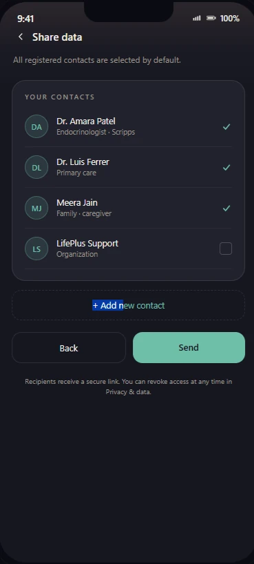 LifeLeaf app Share data screen: selecting a clinician and a family caregiver as recipients.