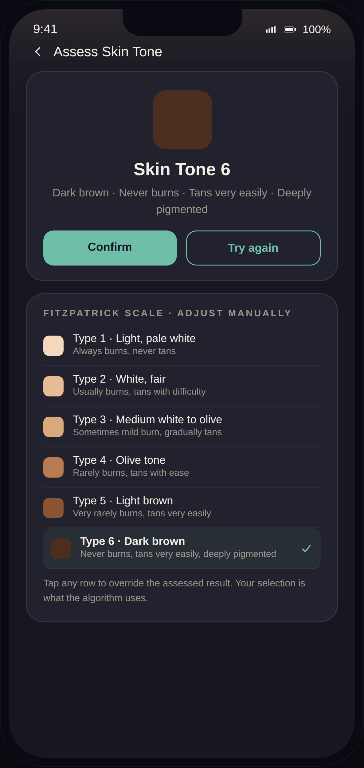 LifeLeaf app skin-tone assessment screen: an assessed Fitzpatrick Type 6 result, with the full six-type scale available to adjust manually.