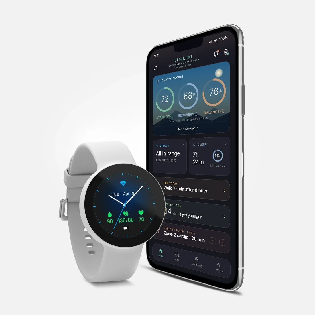 The LifeLeaf watch beside the app's health overview.