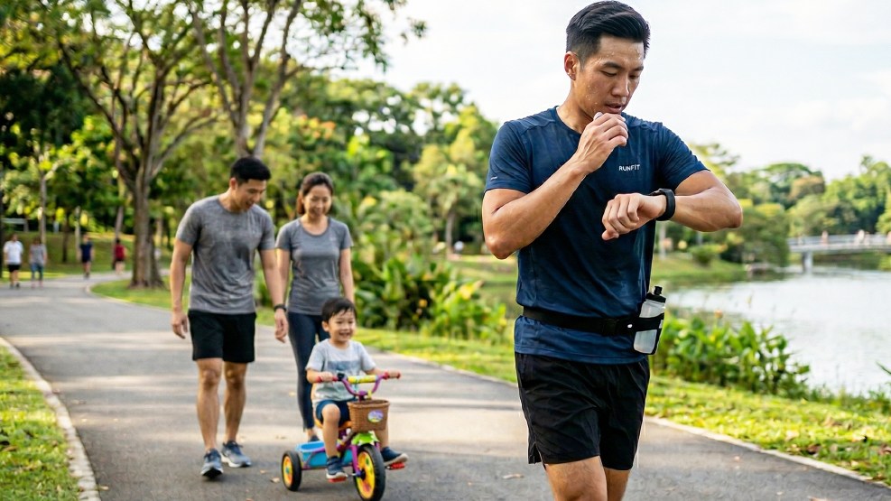 A man checking his LifeLeaf on an evening walk, his family on the path behind him.