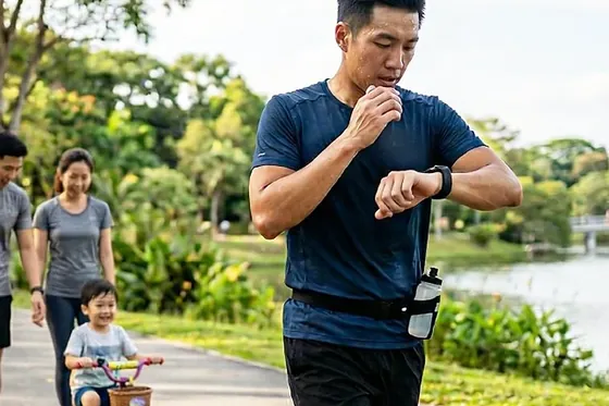 A man on an evening walk with his family, checking his LifeLeaf watch.