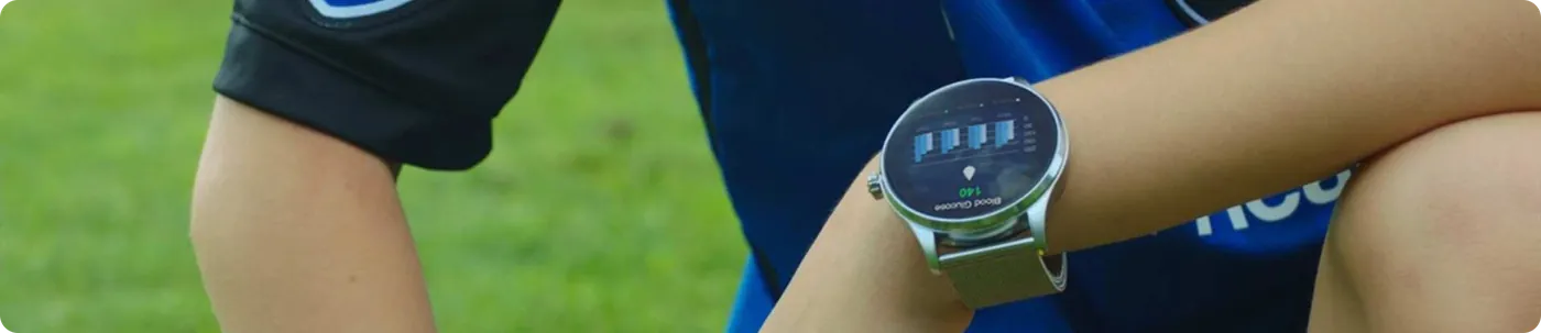 LifeLeaf worn on the wrist outdoors, showing blood glucose on the watch face.