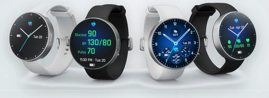 The LifeLeaf watch in white and black, with different watch faces.