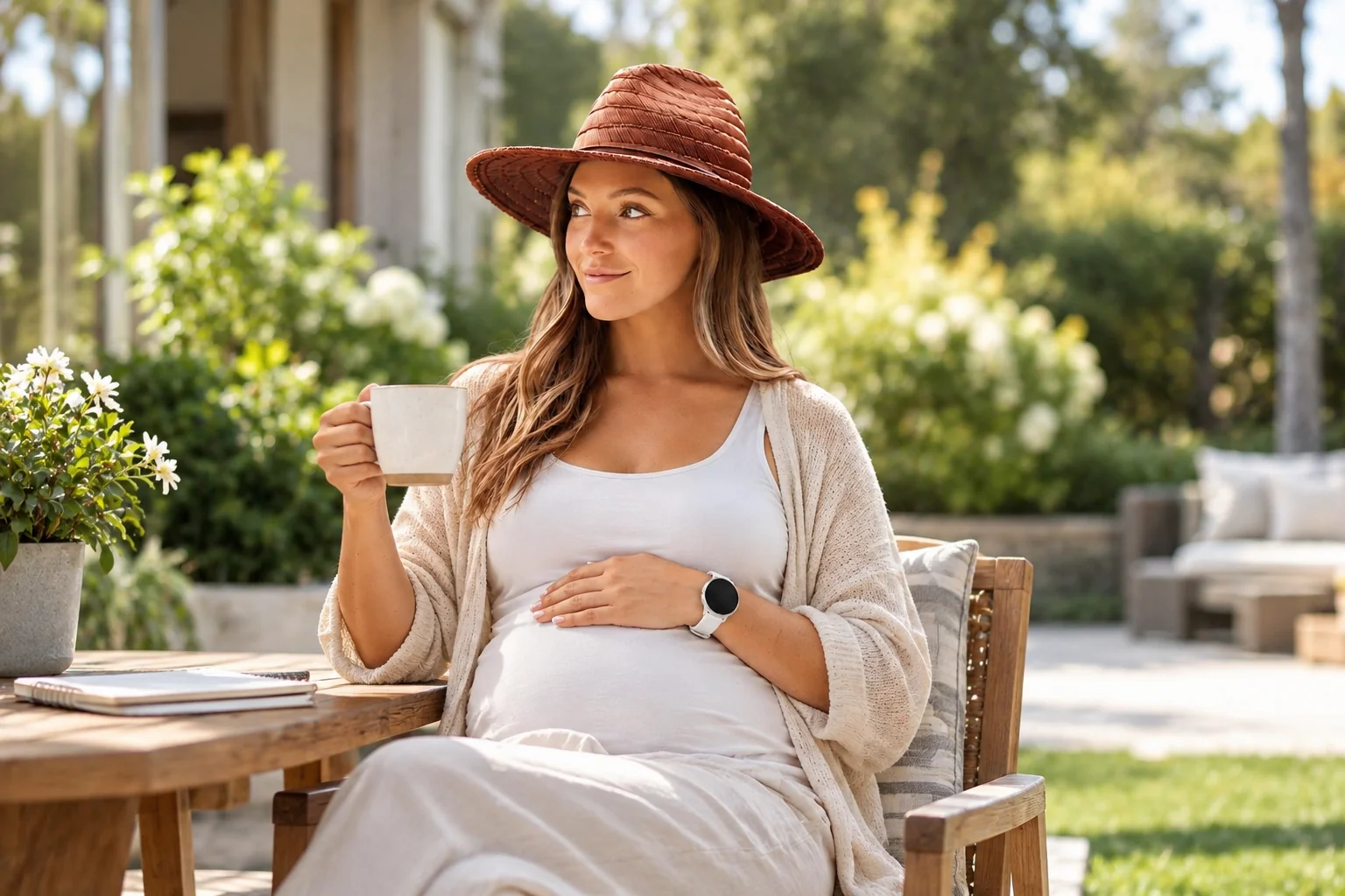 A pregnant woman outdoors holding a mug, wearing the LifeLeaf watch.
