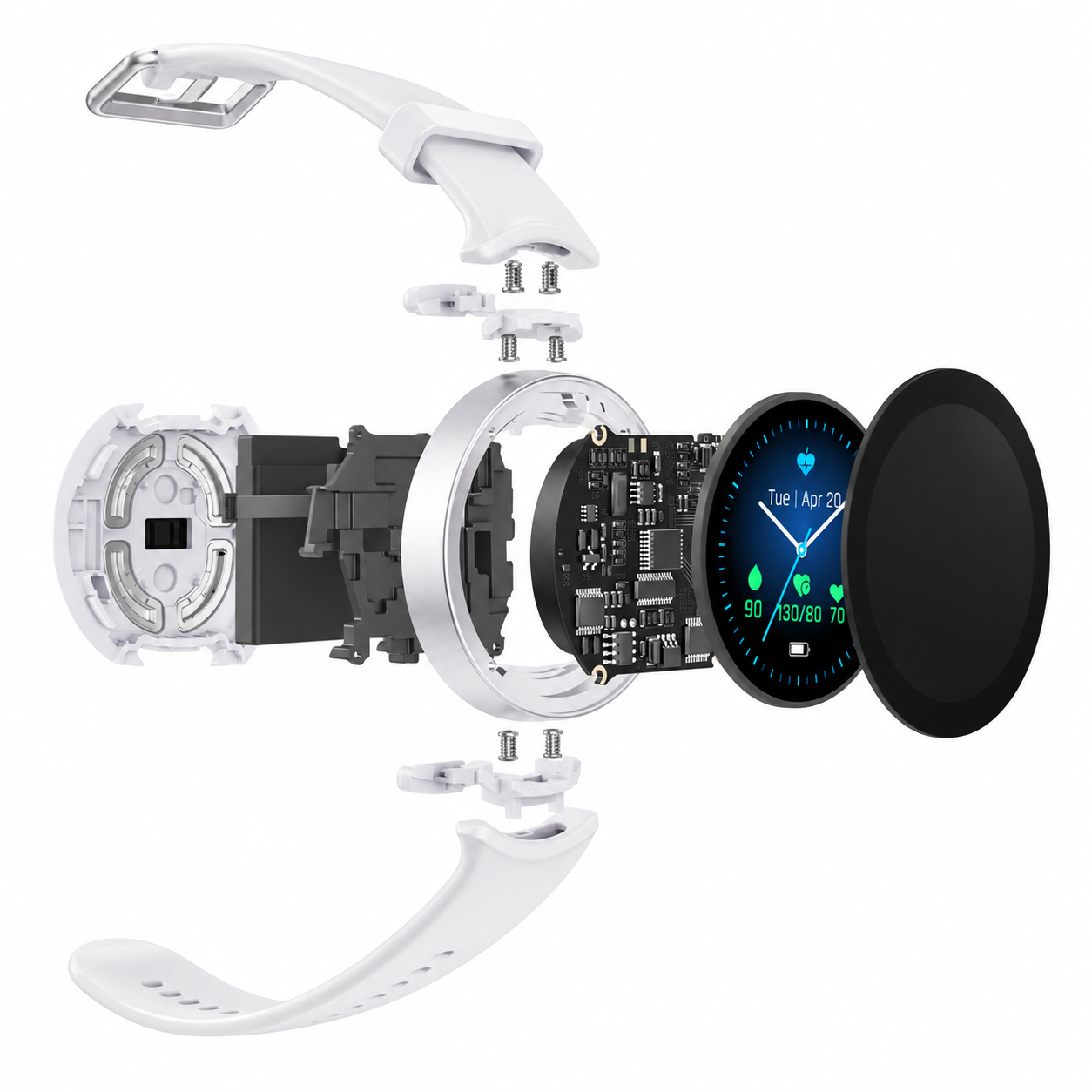 An exploded view of the LifeLeaf watch, showing the optical sensor board, display and casing.