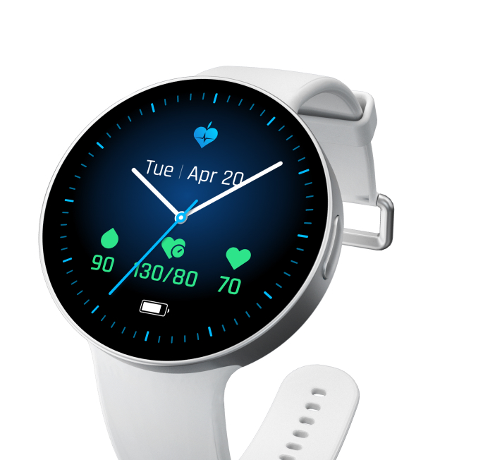 The LifeLeaf watch on its white silicone strap.